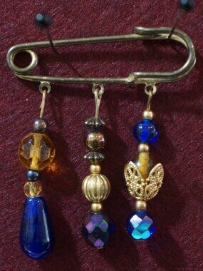 Whimsigoth Beaded Kilt Pin Brooch Boho Blue Amber Safety Pin Sweater Charm